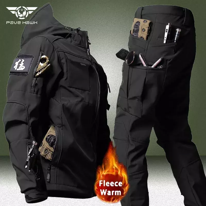 Military Soft Shell Sets Men Waterproof Hooded Tactical Jackets+Multi-pocket Cargo Pants 2 Pcs Suits Winter Fleece Warm Army Set