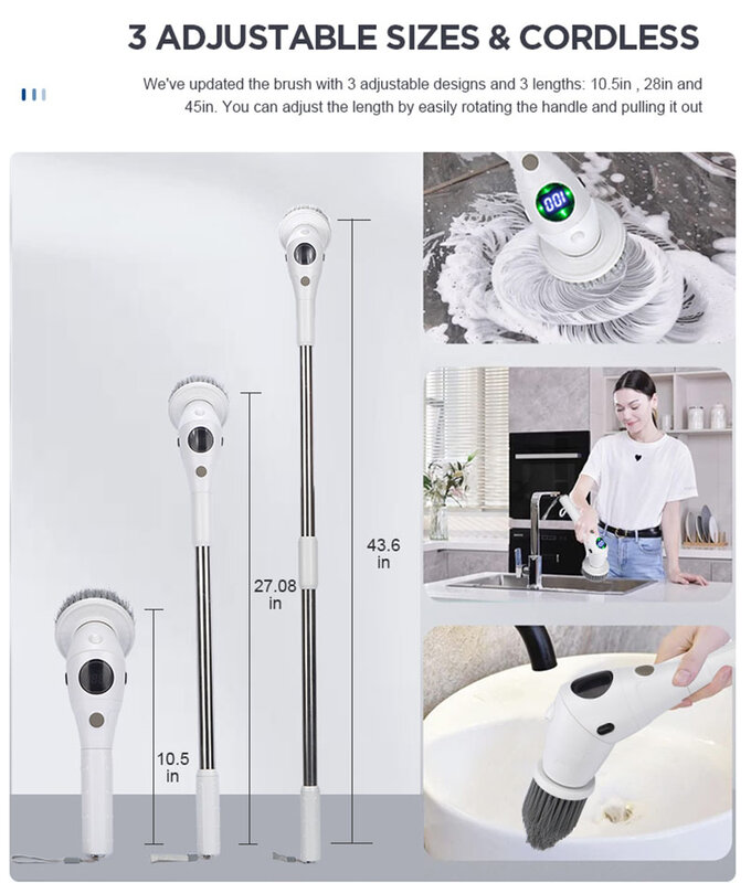 Escova de limpeza elétrica multifuncional, 8 em 1, agregado familiar, janela, vaso sanitário, banheiro, NightLight LED