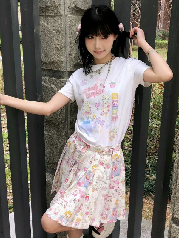 HOUZHOU Y2k rok Harajuku pakaian jalanan Wanita mode Jepang Kawaii manis lucu kartun cetak rok lipit lembut Musim Panas 2024