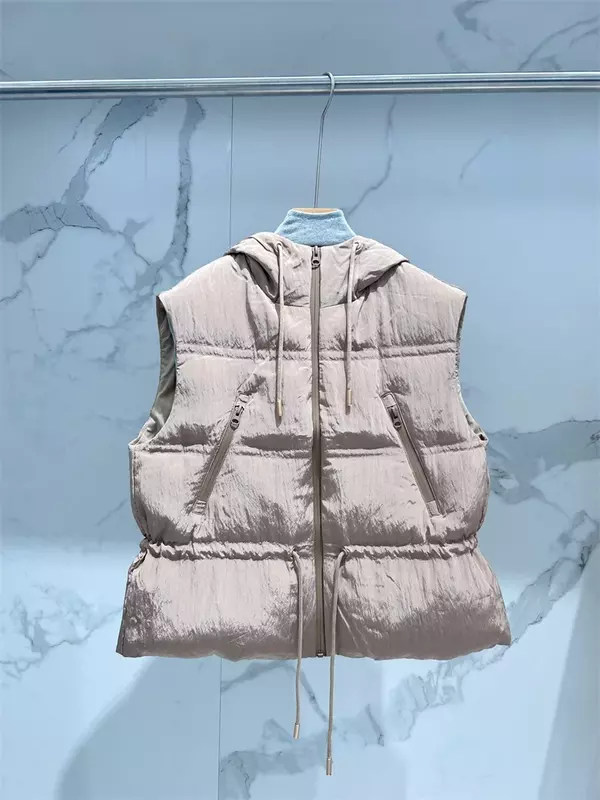 Rompi bulu angsa wanita, jaket hangat bertudung tanpa lengan kasual sederhana serbaguna warna polos serut musim gugur musim dingin baru 2023