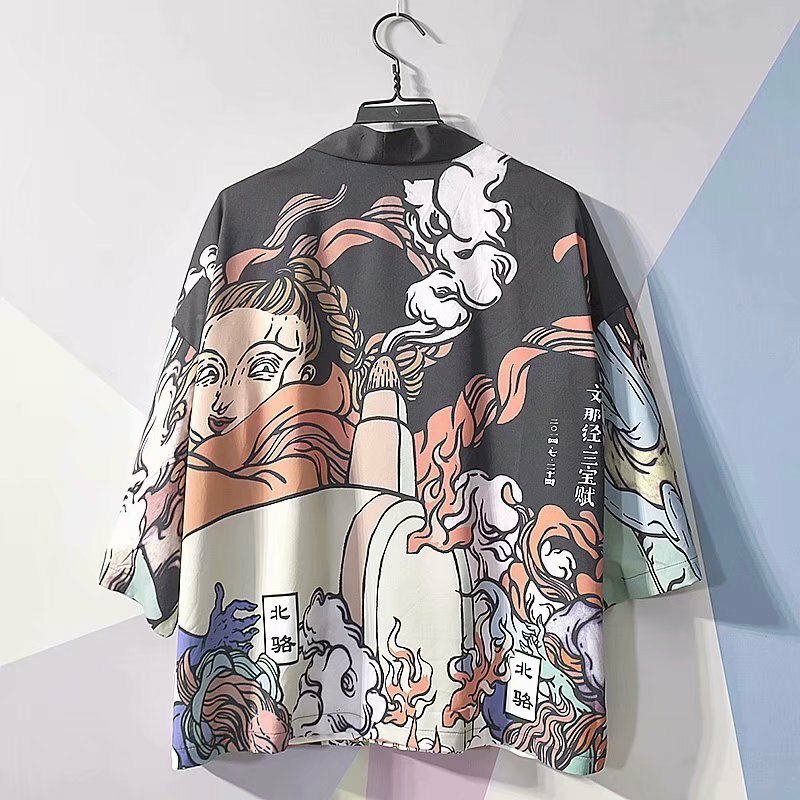 Camisa coreana da forma da luva de sete pontos no verão maré nacional e impressão imortal do vento, roupa curta solta do forro da luva, homem