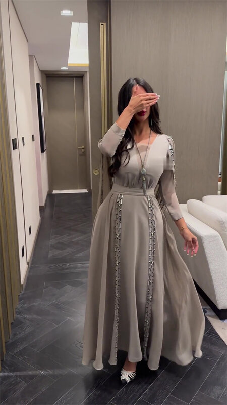 Elegant Jewel A-line Anke Length Prom Dresses Rhinestone Chiffon Formal Occasion Gown robe pour cérémonie de mariageفساتين الحفل