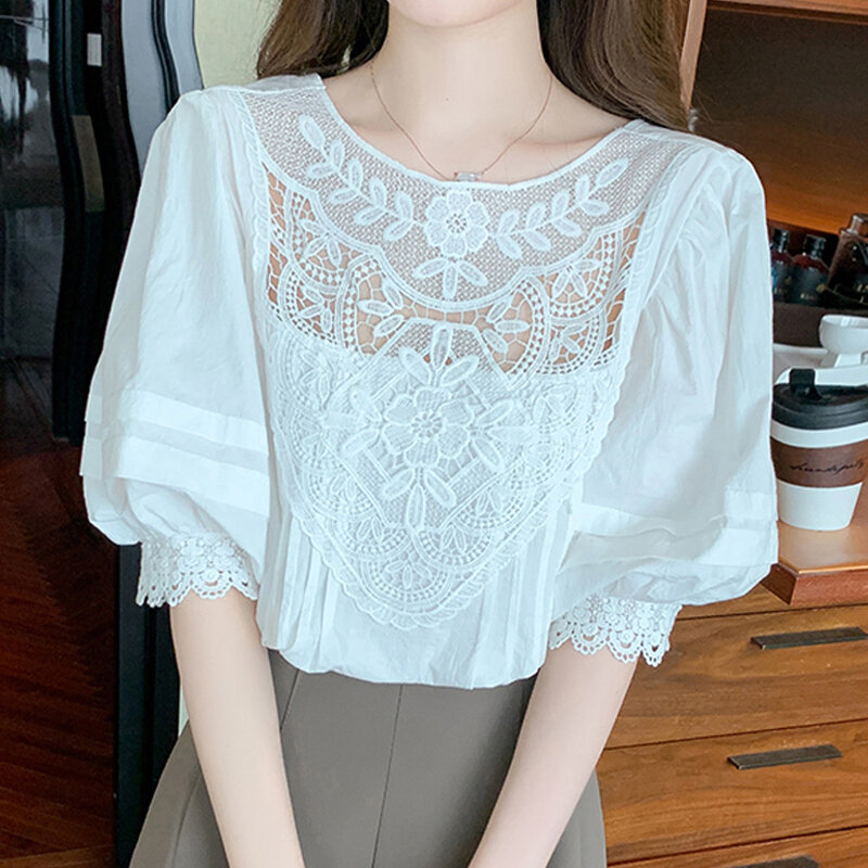 Camisa de crochê com renda oca feminina, blusa vintage elegante, tops soltos brancos casuais, manga curta, elegante, sexy, 27448, 2023, verão