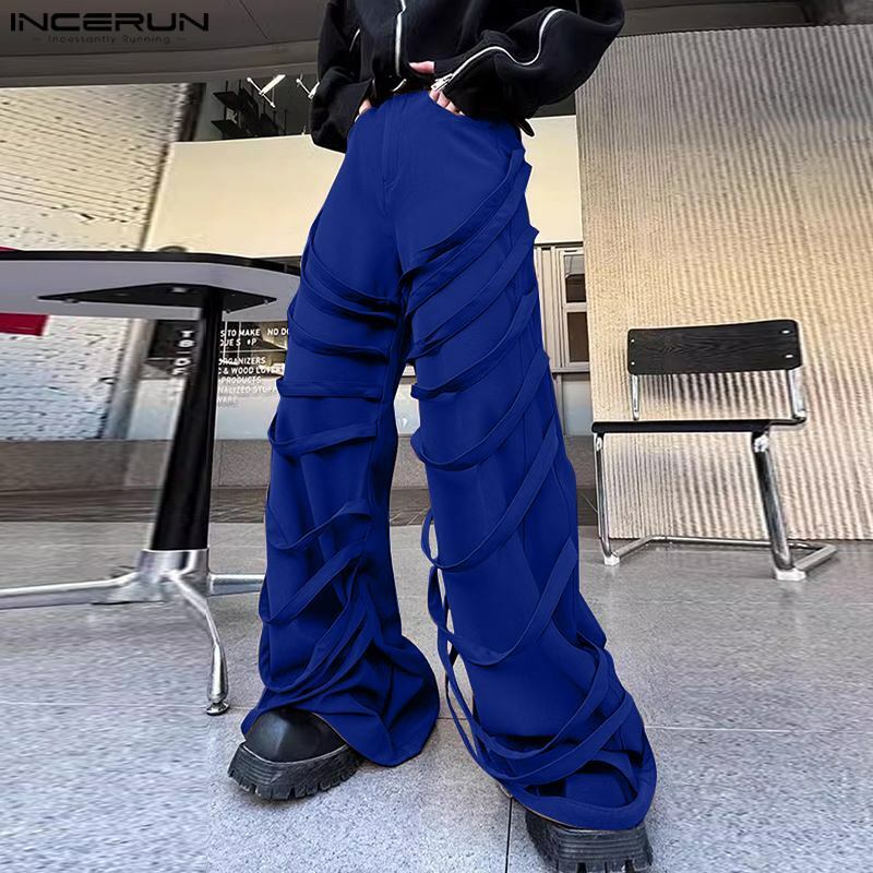 INCERUN celana panjang model Korea, S-5XL Pantalons kaki lurus bergaya sabuk ikat kepribadian pria 2024