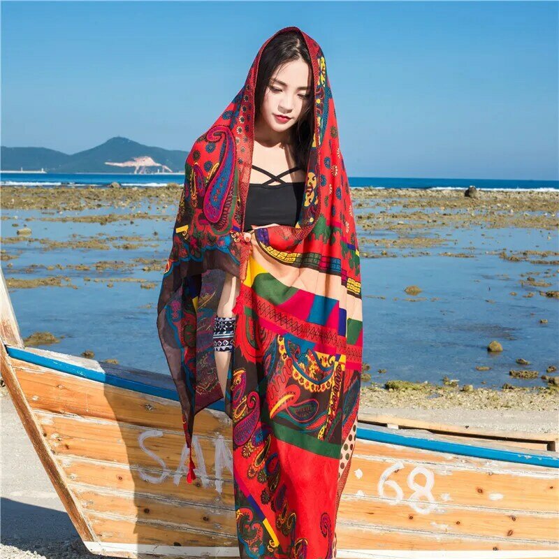 Lenço de seda para mulheres, xale protetor solar, vento étnico, viagem, beira-mar, proteção solar, lenço de praia