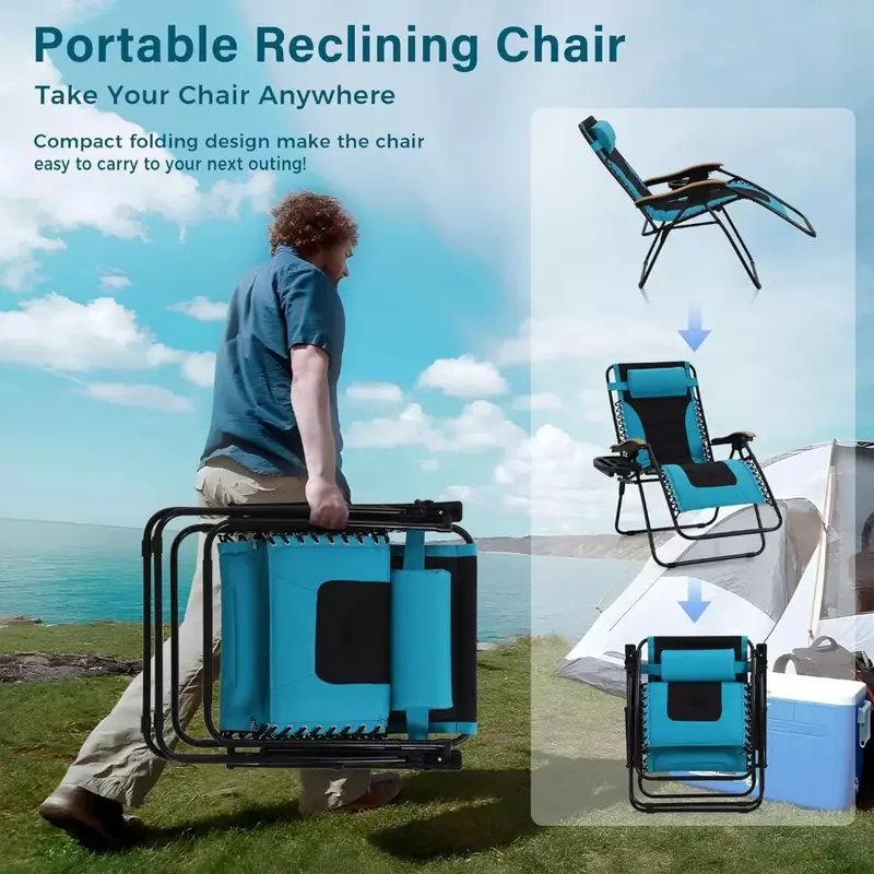 Cadeira dobrável e ajustável com porta-copos e encosto de cabeça acolchoado, suporta 400 kg, espreguiçadeira, azul dolce