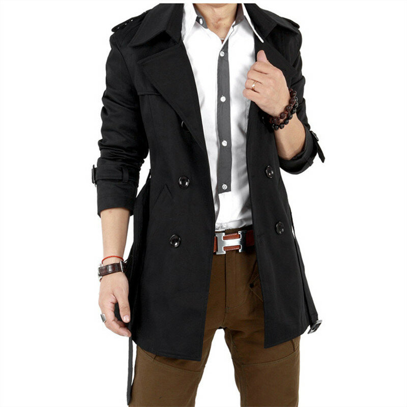 Blusão masculino jaqueta vintage preto cáqui primavera outono negócios trench masculino duplo breasted retro clássico longo casaco grosso