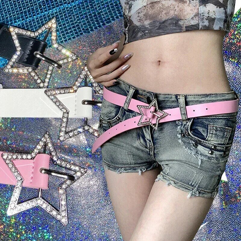 2024 New Instagram Style Spicy Girl Pink Belt with American Metal Buckle, Five Pointed Star Full Diamond Versatile Belt