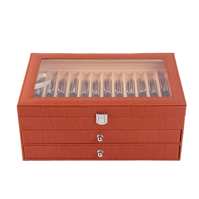 36 slotów pióro pudełko wystawowe skórzane flanelowe pióro organizator Box, szklane okno pióro pojemnik schowek wyświetlacz kolekcji pióra