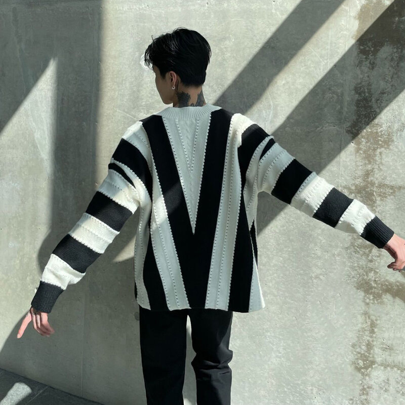 Suéter casual estilo coreano masculino, cor contrastante, listrado, sem gênero, retrô, solto, preguiçoso, decote em v, moda unissex