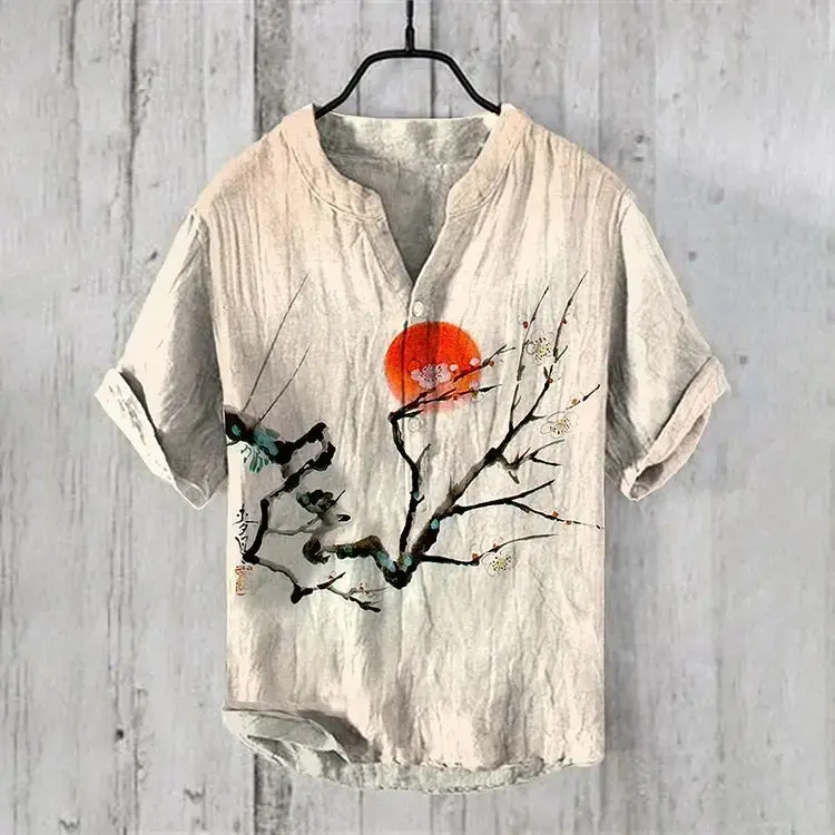 Spring and summer casual shirts for men and women, plum blossom short-sleeved shirts, Hawaiian style printed shirts, men's tops