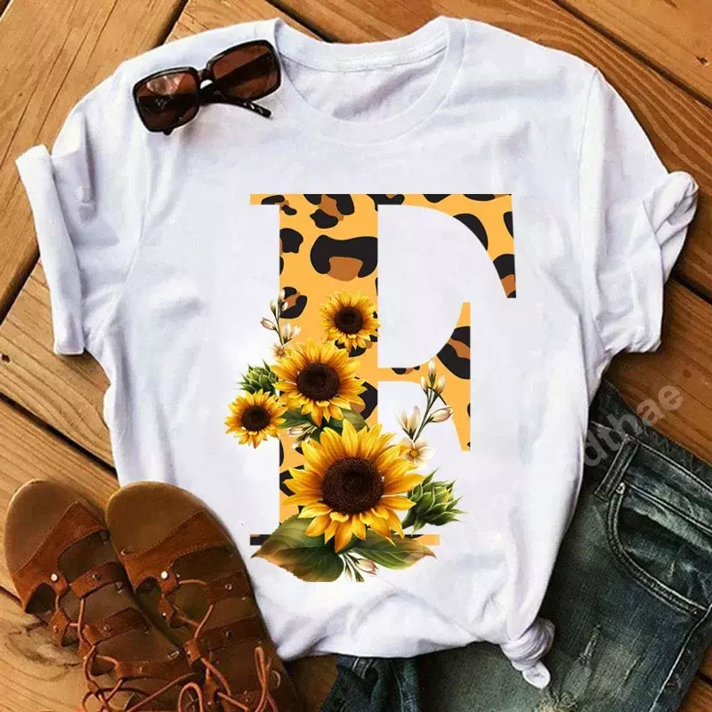 Kaus wanita lengan pendek, pakaian kasual ukuran besar, kaus Fashion musim panas, atasan lengan pendek Harajuku motif huruf bunga matahari