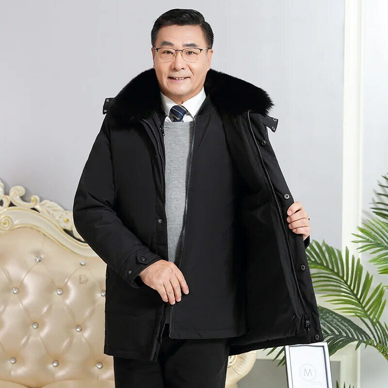 Real Fur Collarr Winter Middle-aged Men Down Jacket Warm Liner Detachable 90% White Duck Coat Thick Brand Prakas