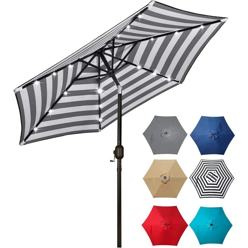 Blissun-sombrilla de Patio con luces LED, sombrilla Solar de mesa, paraguas de mercado con inclinación y manivela