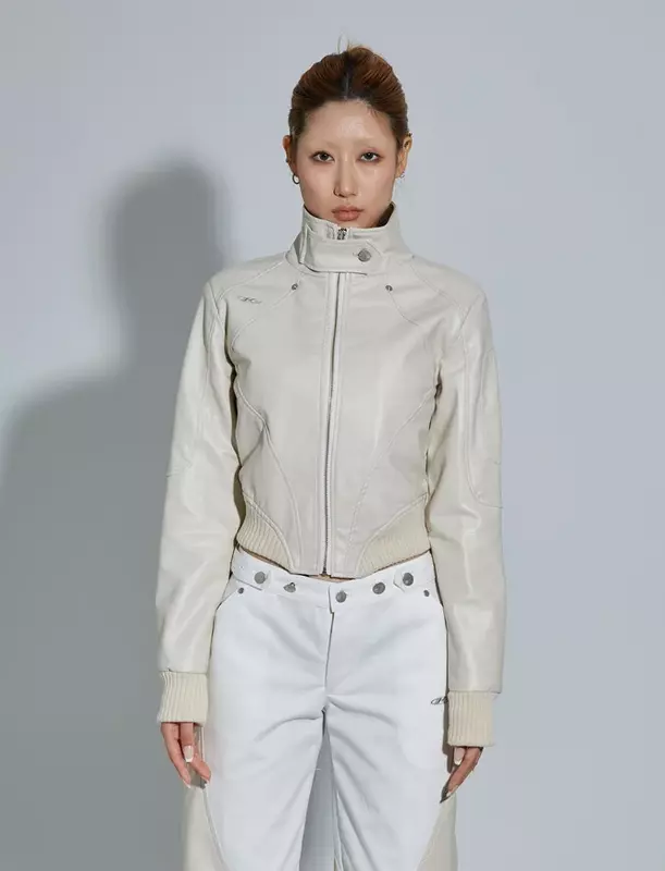 Jaket Kulit Imitasi Longgar Retro Musim Semi Mantel Pendek Kerah Berdiri Ritsleting Jaket Pengendara Sepeda Motor Mantel Luar Wanita