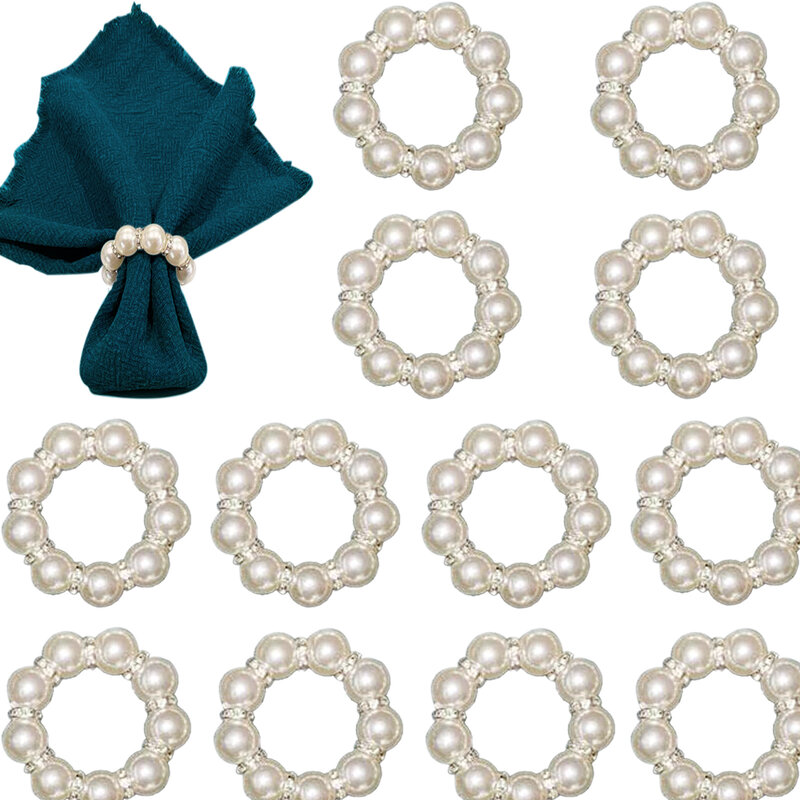 Imitação pérola frisado guardanapo anéis titular conjunto de 12, prata strass guardanapo anel, adequado para hotéis, reuniões de família
