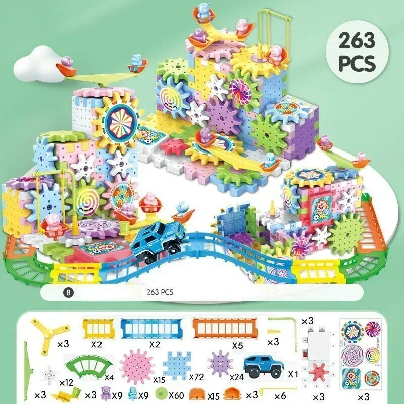 Décennie s de construction en plastique pour enfants, modèle 3D, engrenages électriques, briques de maison, jouets de construction, cadeaux pour enfants, 263 pièces