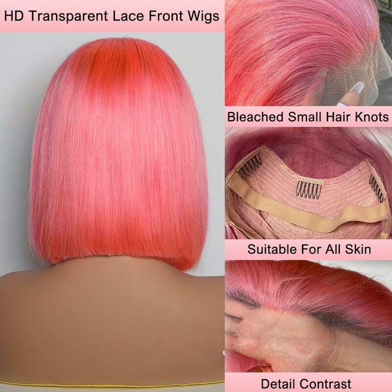Wig depan renda Bob merah muda 13x4 rambut manusia Bob lurus pendek Wig renda rambut manusia merah muda untuk wanita hitam dengan rambut 180 kepadatan