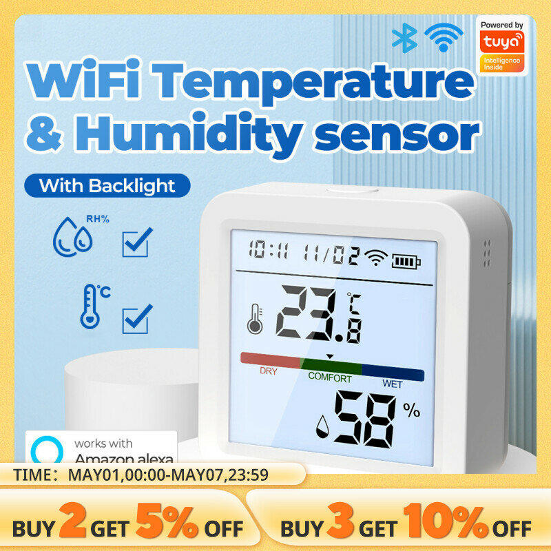 Tuya-Sensor de Temperatura e Umidade WiFi, Vida Inteligente, Luz de Fundo, Higrômetro, Termômetro, Suporte Alexa, Google Home Assistant, Novo