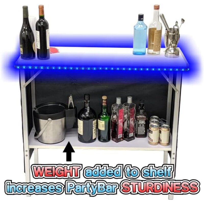 Folding Portable Party Bar w/ 16 LED Light Colors & Wireless Remote, Bar Skirts, Storage Shelf, & Carrying Case - Single