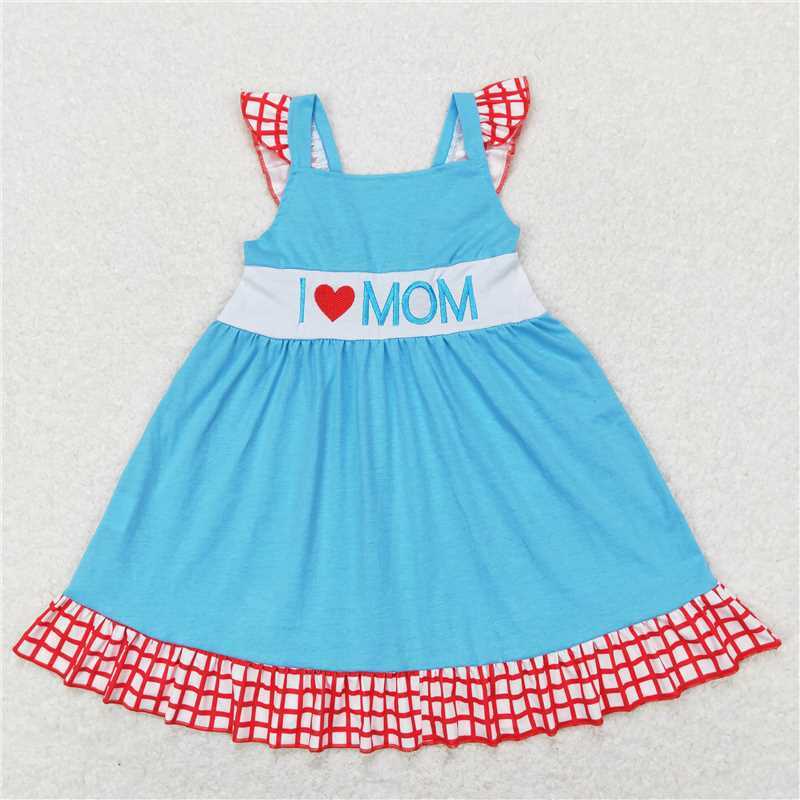 wholesale western boutique baby girls clothes Embroidered lettering multicoloured check lace bow teal flying sleeve skirts