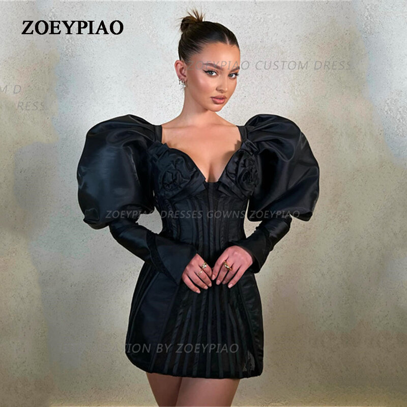 Luxury Black Sheath Short Evening dress Sexy Mini Satin Full Sleeves Skirt V Neck Cocktail Formal Event Occasion Party dress