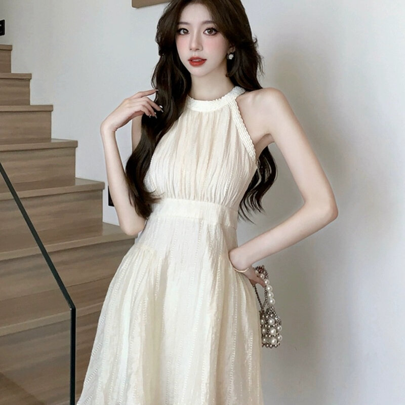 Abiti da donna Slim leggero solido drappeggiato stile coreano Summer Schoolgirls Curtly Thin traspirante Fashion Temperament Vintage