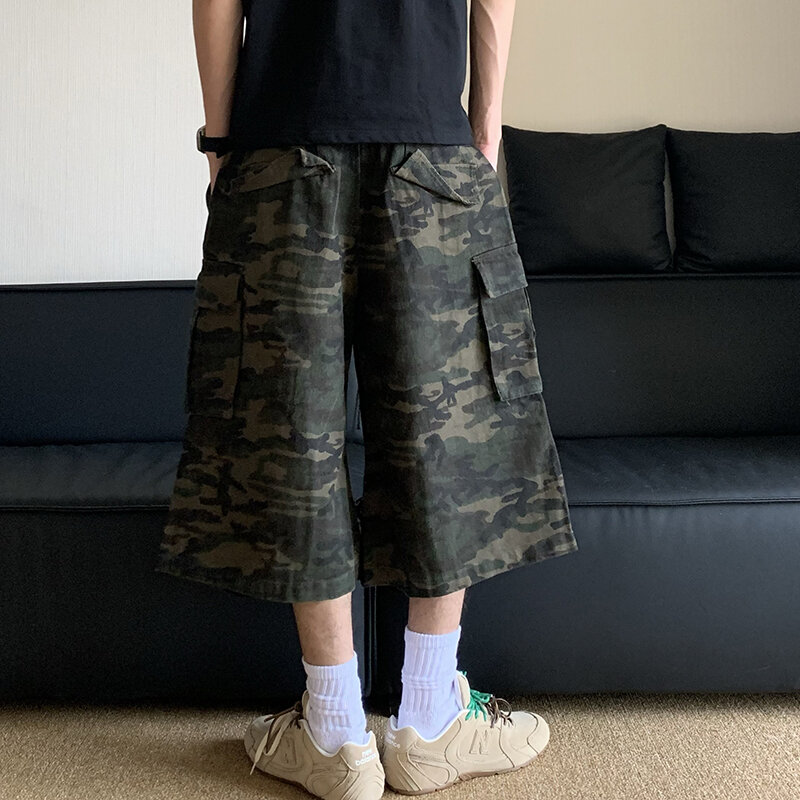 FEWQ American Style Multi Pocket Camouflage Capris Casual Wide Leg Pants Straight Tube Work Shorts Trendy 2024 Loose 24E1045