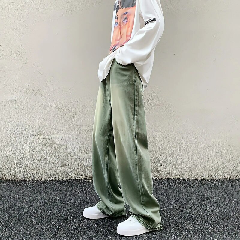 Celana Panjang Denim Kaki Lebar Jeans Hijau Antik Wanita Musim Panas Gaya Korea Fashion Vibe Y2k Celana Longgar Pinggang Tinggi Streetwear