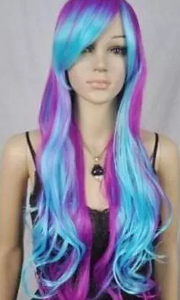 free shipping Women's Long Blue Mixed Purple Wavy Cosplay Costume Party Heat Resistant Wig