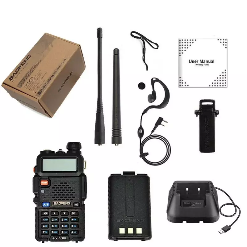 BAOFENG-UV-5R Walkie Talkie portátil, estação de rádio bidirecional, transceptor bidirecional, 1800mAh, Tri-Band CB, VHF, UHF, Camping