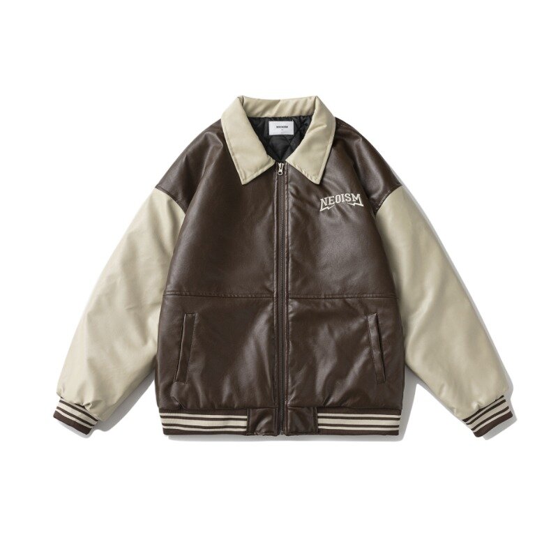 Jaqueta de couro PU masculina, lapela bordada, jaqueta de algodão, American Retro Street Trend, inverno