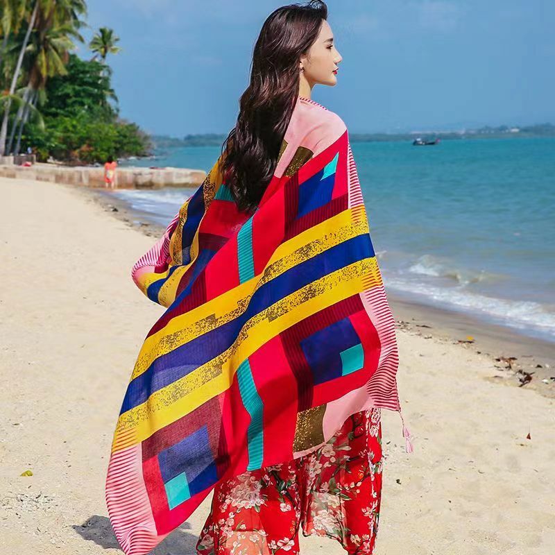 2023 женская верхняя одежда Летний Пляжный шейный платок сверхбольшая Солнцезащитная шаль тонкий длинный песочный шарф Красный Универсальный шарф