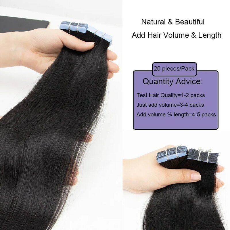 Fita reta em extensões de cabelo humano para mulheres, preto natural, cabelo remy real, 12-26 in, 20 PCs/pack