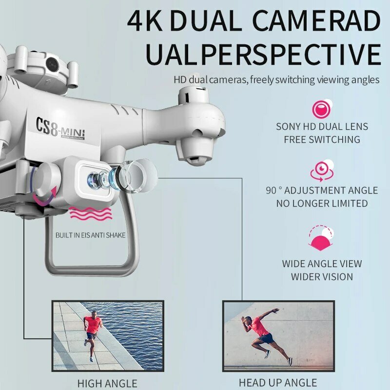 CS8 Drone Mini 4K kamera ganda HD, mainan Quadcopter RC Profesional untuk hadiah, Drone Mini 4K kamera ganda HD pengendalian jarak jauh 360 ° sudut lebar dapat disesuaikan