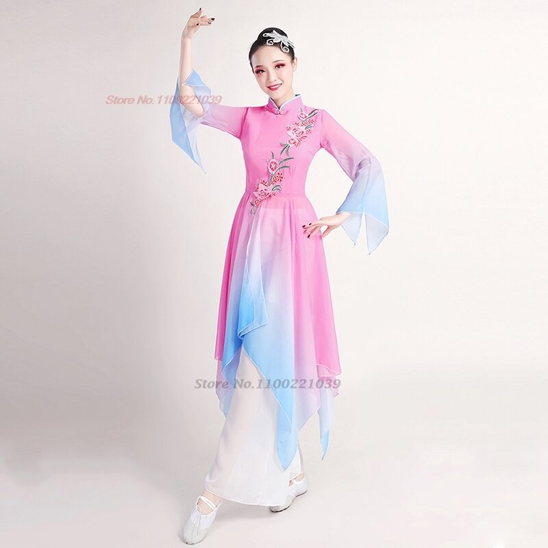 Fantasia de dança folclórica chinesa com bordados de flores, vestido de chiffon vintage, performance de palco, calças e tops qipao, vintage, 2024