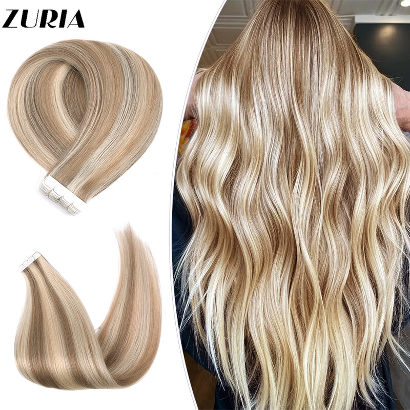 ZURIA Human Hair Extensions 10pcs Mini Tape in Hairpieces Adhesive Tape Original Natural Straight Wigs For Women 12-24inches
