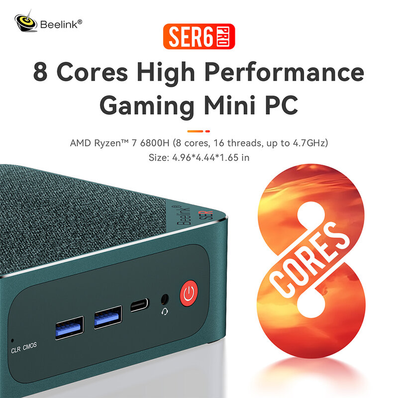 Beelink-Mini PC SER6, Win 11 Pro, AMD Ryzen 5, 6600H, 6800H, RDNA2, DDR5, 16GB, SSD, 500GB, NVME, Wifi6, LAN, 2,5G, PCIe4.0