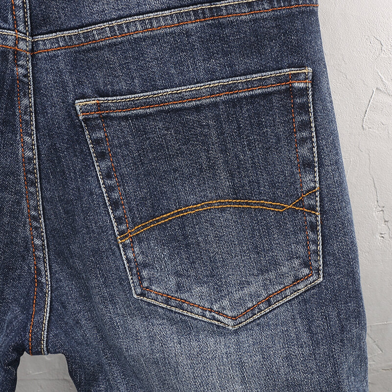 Celana Jeans pria mode Eropa kualitas tinggi Retro dicuci biru melar Slim Fit Vintage Jeans pria celana Denim desainer kasual Hombre