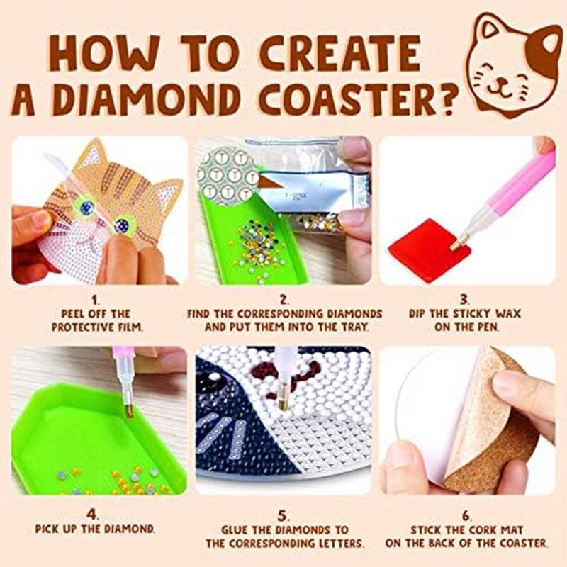 Diamondpainting Coaster Set para adultos e crianças, pontos de diamante, suprimentos iniciantes, presentes, 10 pcs