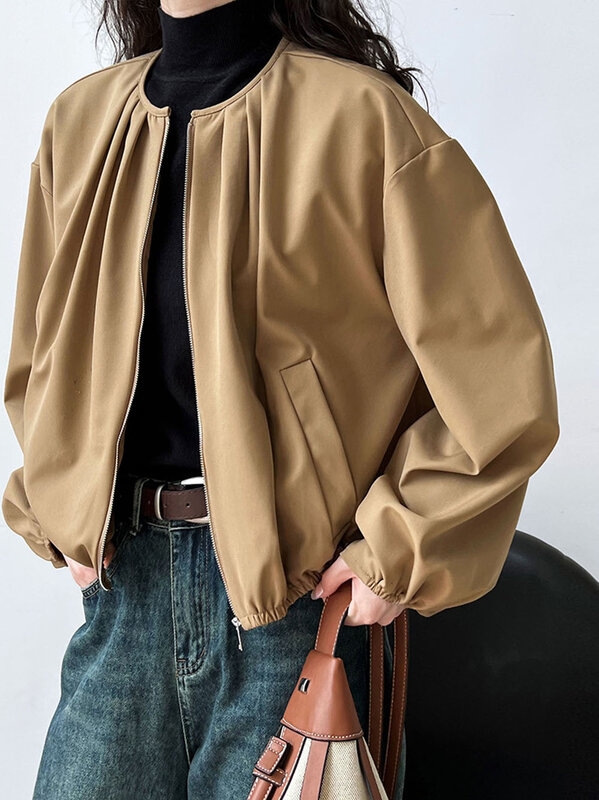 Женская однотонная повседневная куртка, Новинка весна-осень 2024, универсальная верхняя одежда из ткани со складками и круглым вырезом, с рукавом три четверти