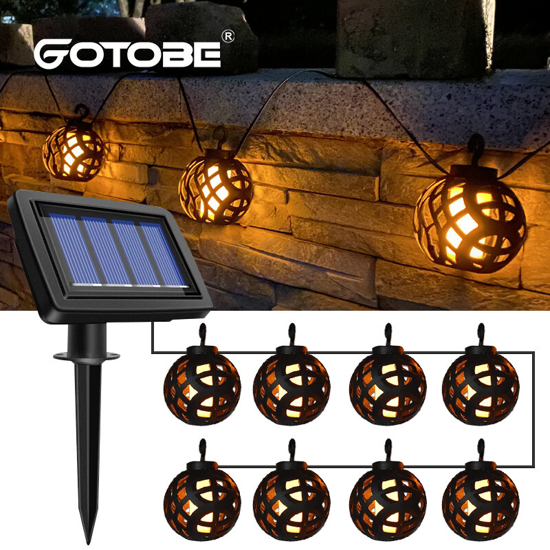 Lámpara de bola de llama Solar LED para exteriores, cadena de luces solares, linterna colgante impermeable, lámpara de decoración de Patio y jardín, 8 bombillas