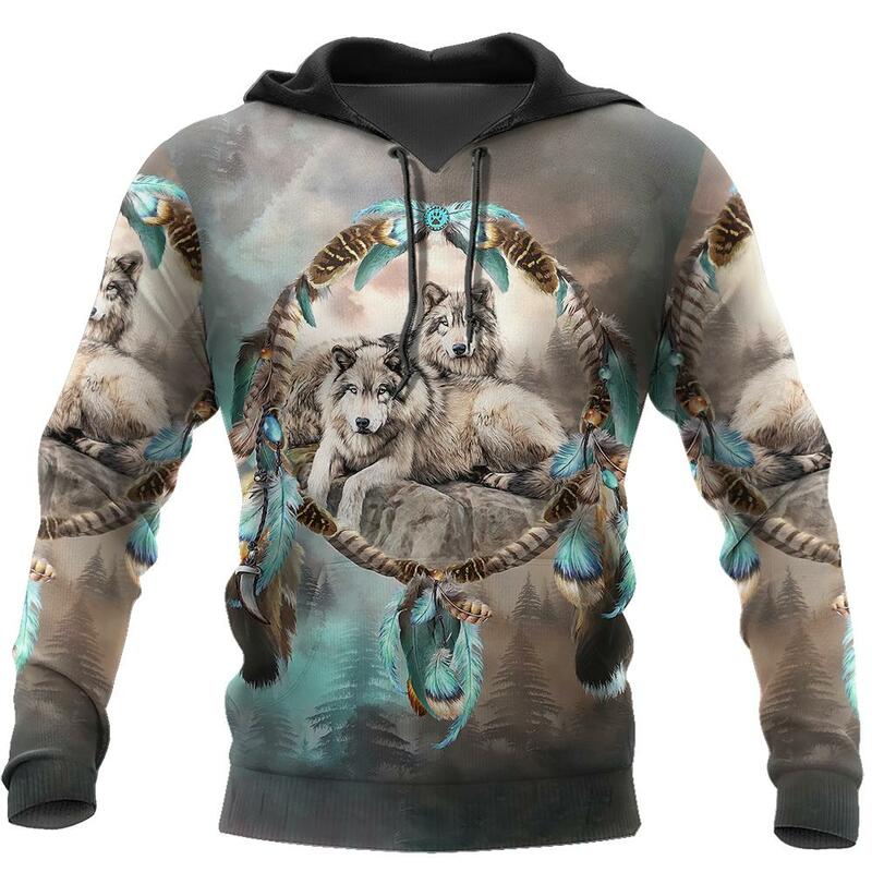 Dreamcatcher 3D impresso Hoodies para homens, moletom unissex, jaqueta casual, roupas de treino, streetwear, pulôver com zíper, lobo nativo