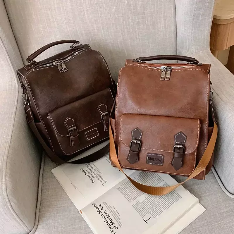PU Leather Convertible Backpack Crossbody Bag Women Vintage Casual Daypack Large Capacity Travel Backpack Student School Bag