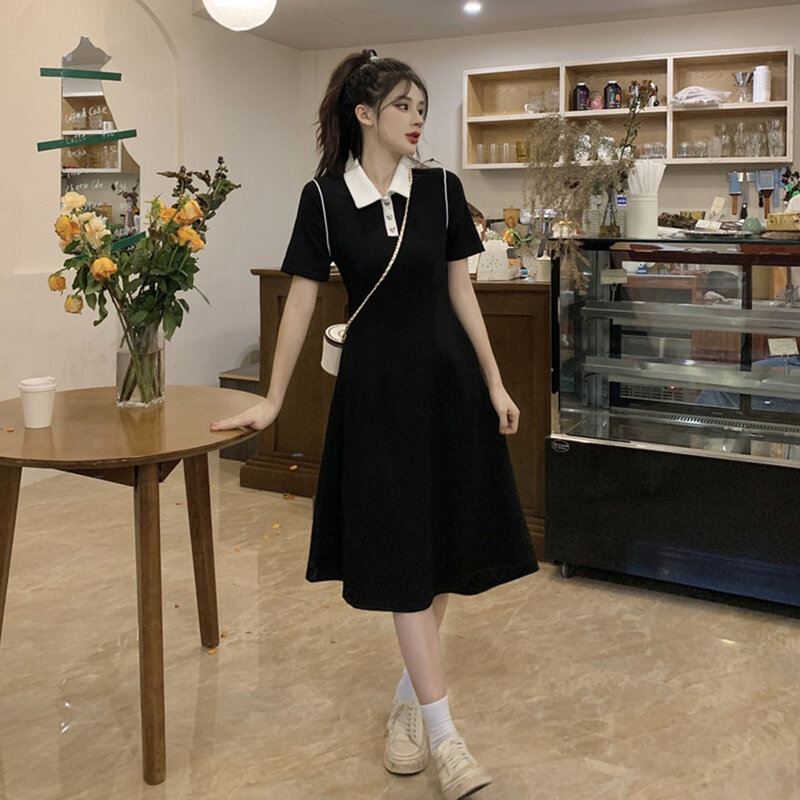Damen Slim Fit elegante lange Rock Revers Kontrast farbe Kurzarm Kleid