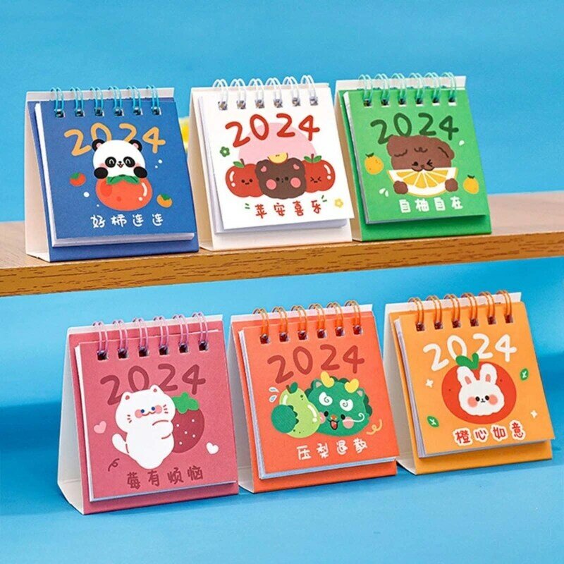 Stojący kalendarz na biurko z klapką, Mini 2024 uroczy planer miesięczny z kreskówek do dekoracji biura w szkole domowej