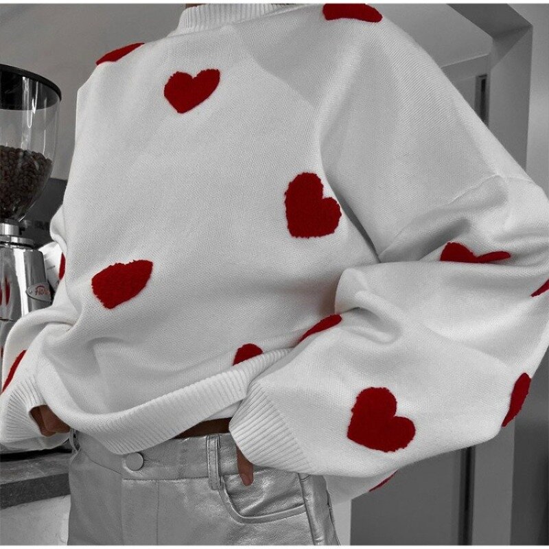 Suéter de punto con bordado de amor para mujer, jersey de manga larga con cuello redondo, dulce y elegante, moda informal, novedad de 2023