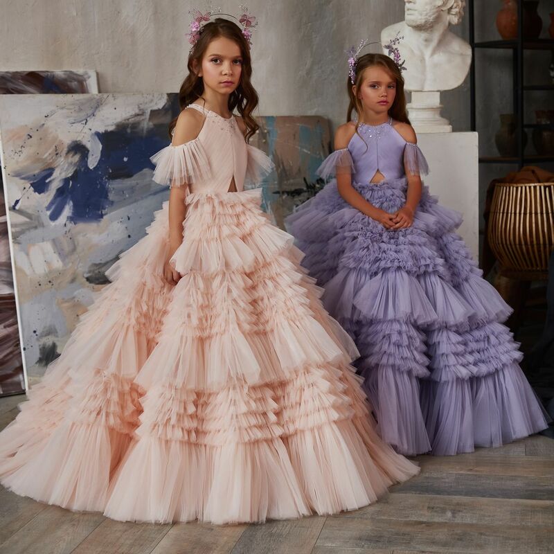 Платье принцессы ТРАПЕЦИЕВИДНОЕ с оборками, бальное платье с цветочным принтом для девочек, детское платье для девочек