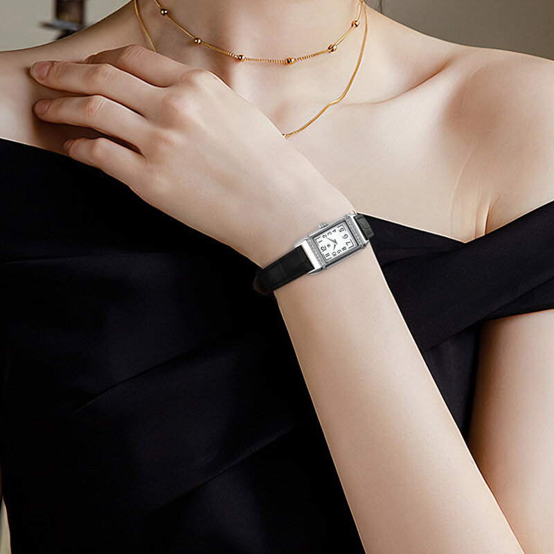 Reverso-Relógio retangular de aço inoxidável feminino, relógio de quartzo de luxo, pulseira de couro prateado, impermeável, clássico, um