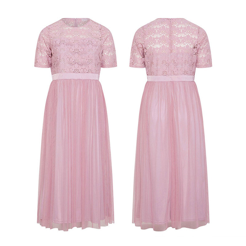 Gaun panjang manis merah muda ukuran Plus untuk wanita gaun pesta elegan Patechwork jaring renda seksi 2023 gaun pinggang tinggi longgar kasual